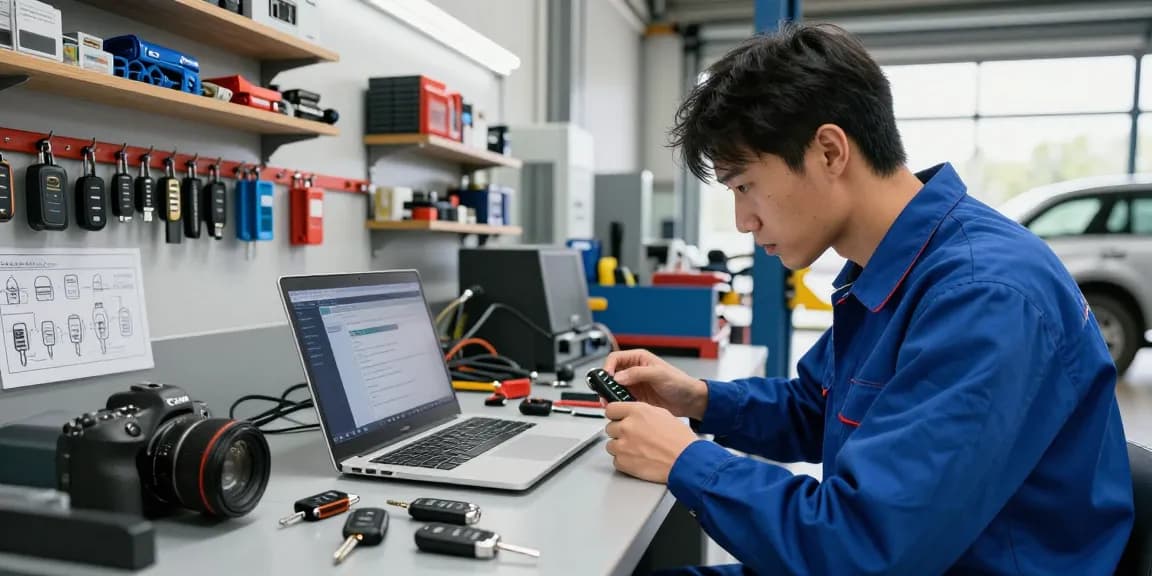 Car Key Replacement Raleigh technician programming key fob in modern automotive workshop.