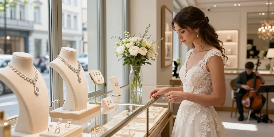 Bridal jewellery Zurich: Bride admiring elegant diamond necklace in a sophisticated boutique.