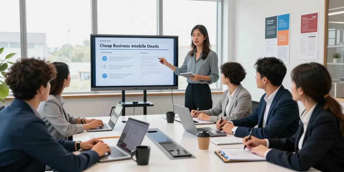 Team collaboration on cheap business mobile deals in a modern office.
