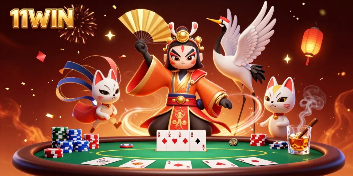 Experience the thrilling action at 11WIN with colorful poker and casino elements in a dynamic scene.