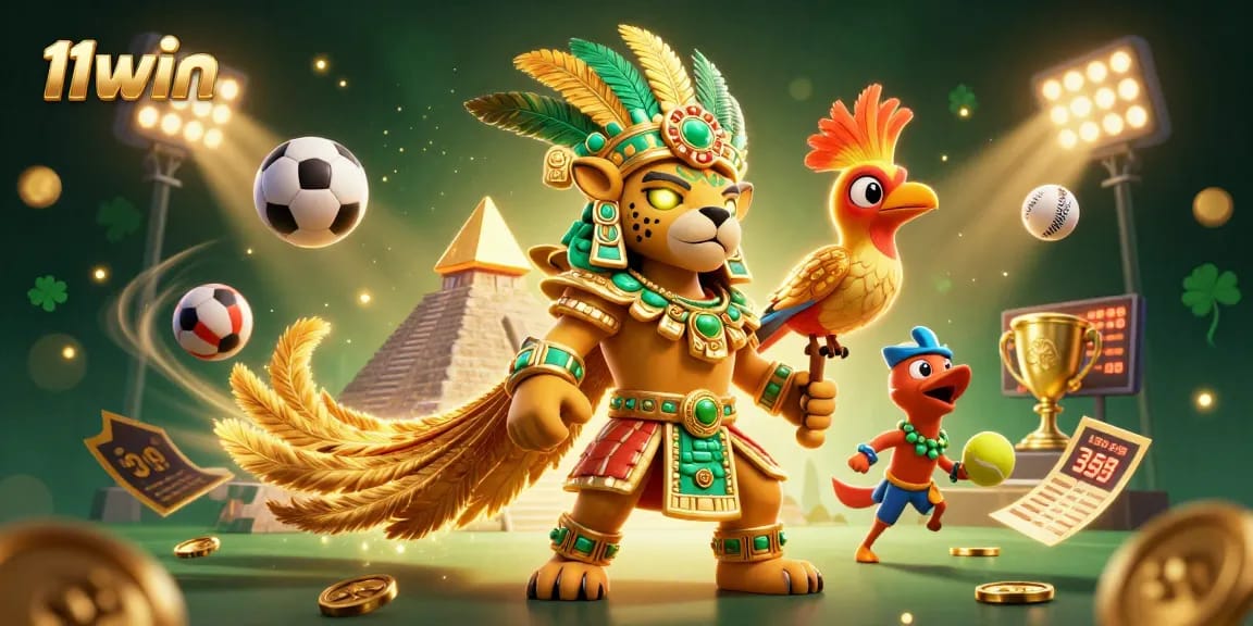 Experience the thrill of 11WIN with dynamic sports elements and vibrant Mayan characters.