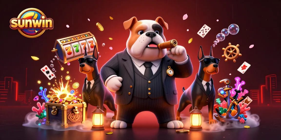 Experience sunwin's exciting slots with a mafia boss bulldog and his bodyguards amidst treasure!