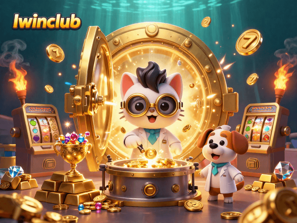 Iwinclub energizes players with a vibrant 3D casino illustration featuring fun characters and slot elements.