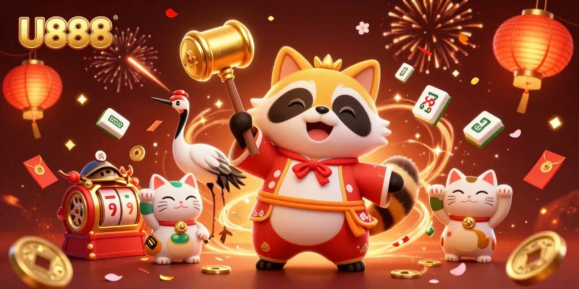 Join the excitement at U888 with a festive raccoon, samurai crane, and colorful fortune cats celebrating online gaming!