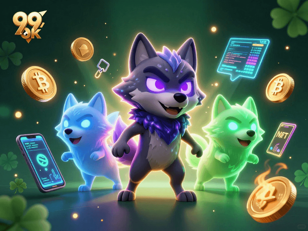 Experience thrilling wins with 99 ok in this lively scene featuring glowing wolf leaders and cryptocurrency elements.