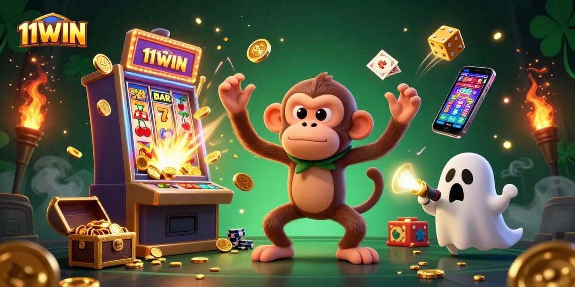 Experience thrilling gameplay with 11WIN showcasing a vibrant casino scene filled with lucky symbols and treasures.