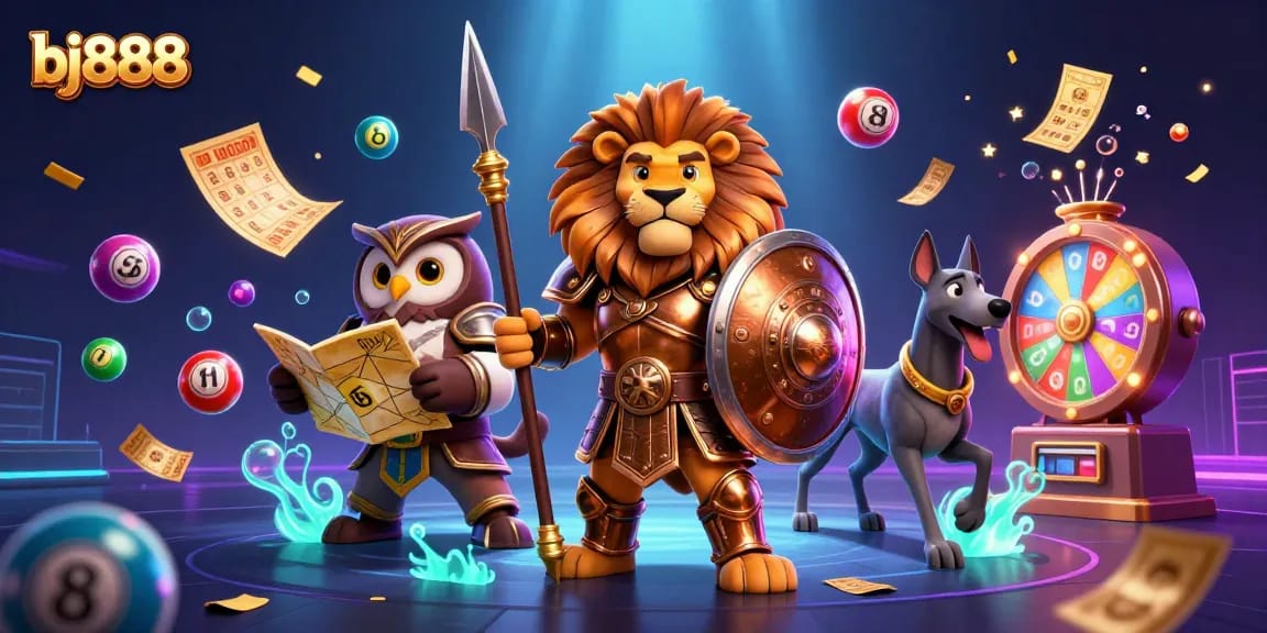 Join the game at bj888 with a dynamic scene featuring a Spartan lion and vibrant lottery elements.