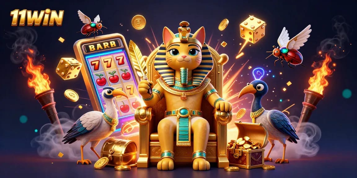Experience thrilling wins with 11WIN in a vibrant 3D casino scene featuring dynamic slot machines.