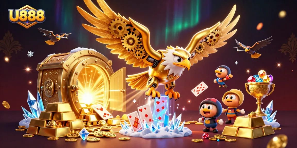 U888 casino highlights a cybernetic eagle soaring amidst dynamic gaming elements and treasures.