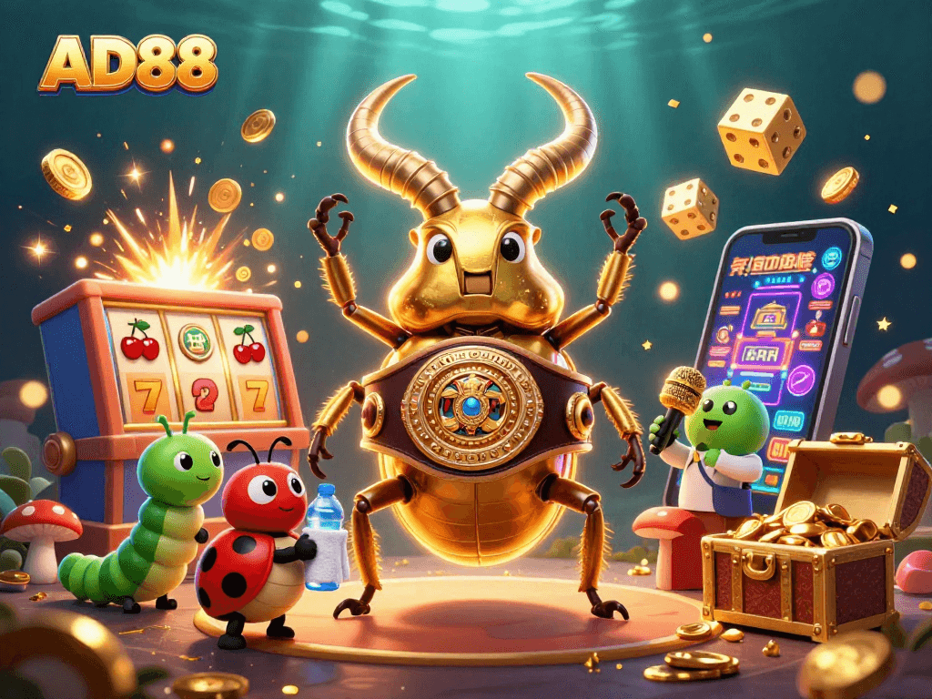 Experience thrilling gameplay at AD88 with vibrant 3D casino characters and dynamic slot machines.