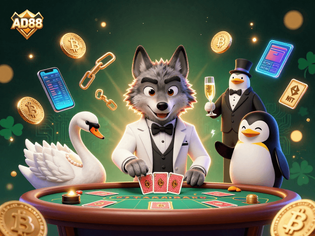 Experience thrilling moments at AD88 with the debonair wolf and friends as they play cards and celebrate wins.