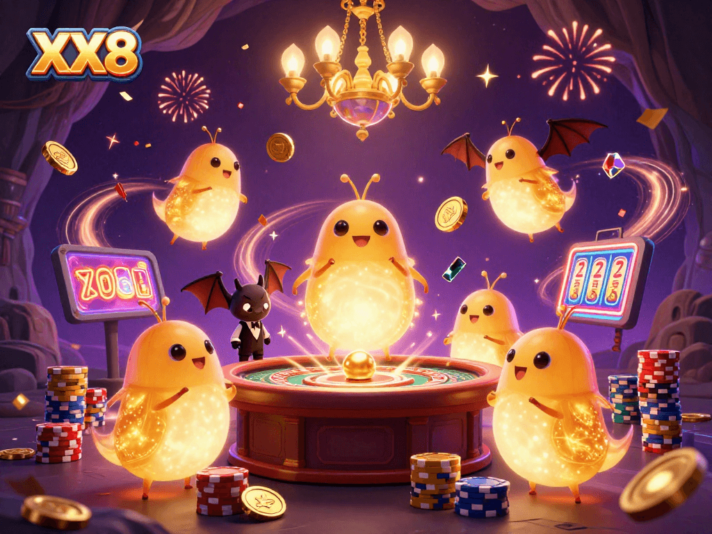 Experience the excitement of XX8 casino with glowing glowworms amid flying coins and vibrant gaming elements.