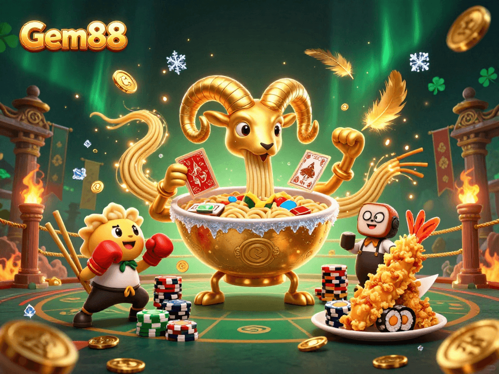 Gem88 showcases a vibrant casino scene with characters dealing cards and chips in high-stakes excitement.