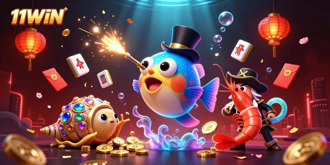 Attract golden coins with the 11WIN anglerfish and treasure-laden characters in a 3D casino illustration.