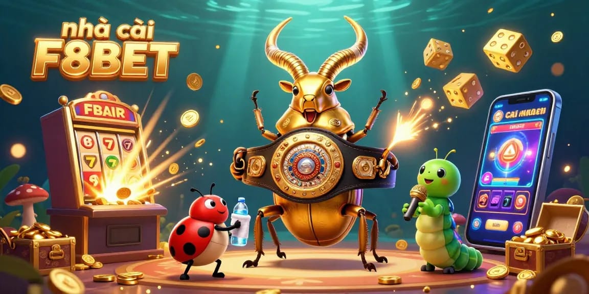 Experience excitement with nhà cái F8BET's colorful casino games and jackpots amidst dynamic 3D illustrations.