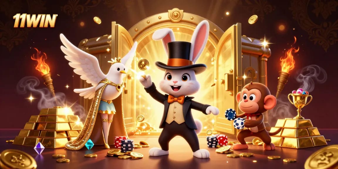 Experience 11WIN's vibrant casino scene with cartoon characters and magical gold elements.