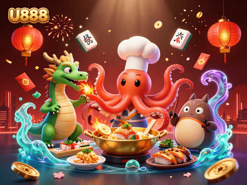 Join the fun at U888 with a vibrant 3D scene featuring an octopus chef, a dragon, and exciting casino elements.