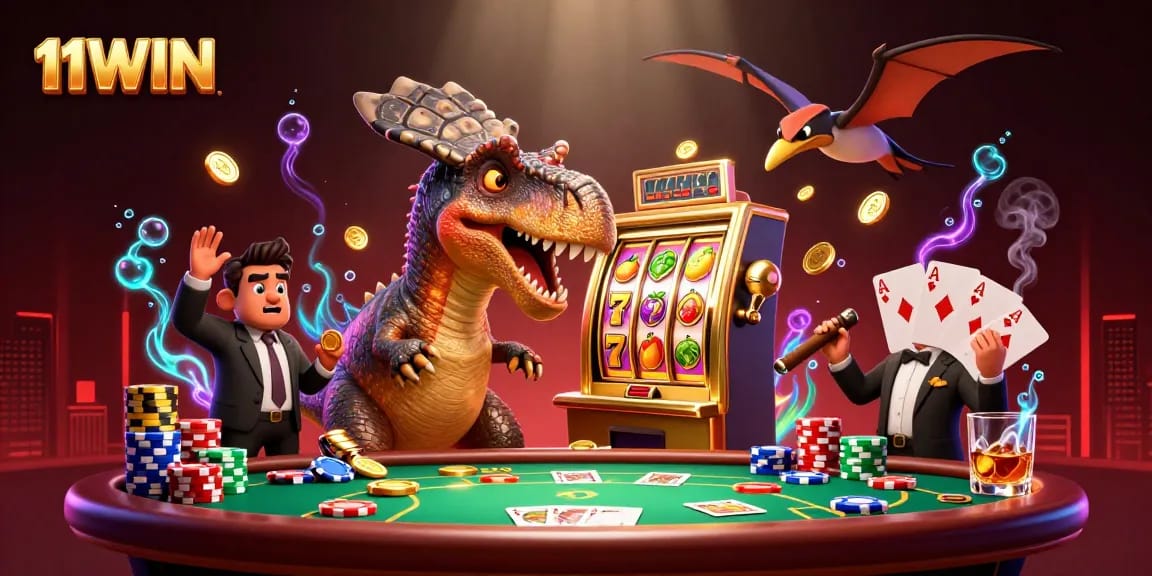 11WIN jackpot scene with a dinosaur winning coins at a vibrant slot machine.