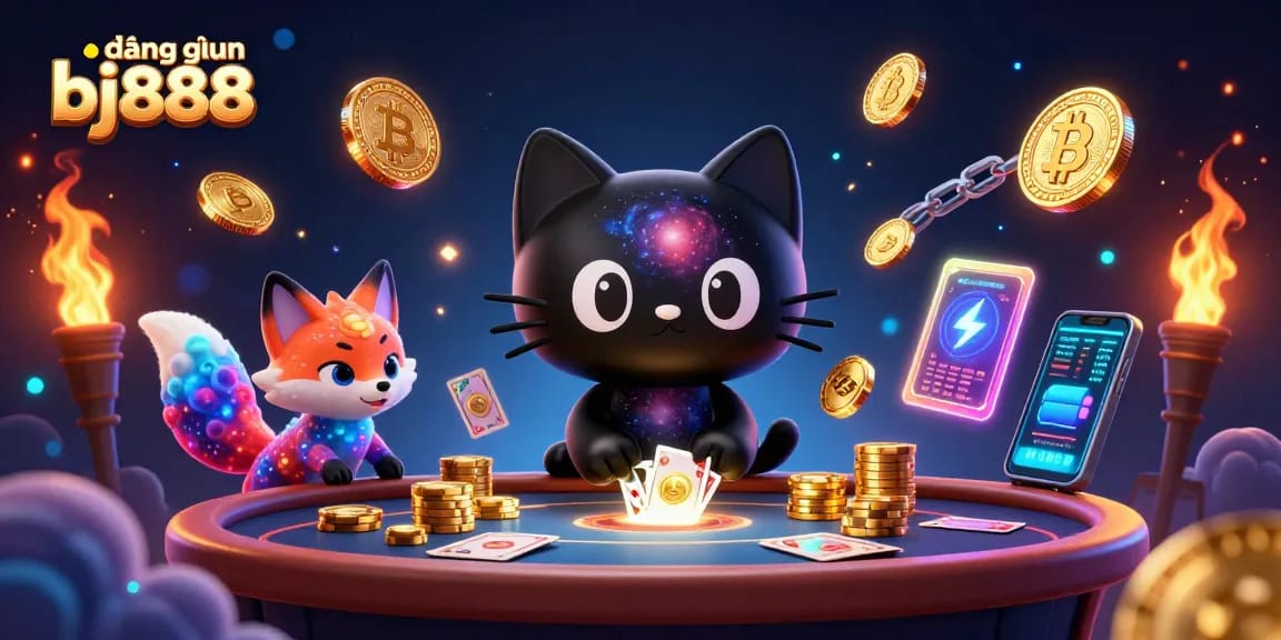 Experience the dynamic world of đăng nhập bj888 with a cosmic casino scene featuring a gravitational black hole cat.