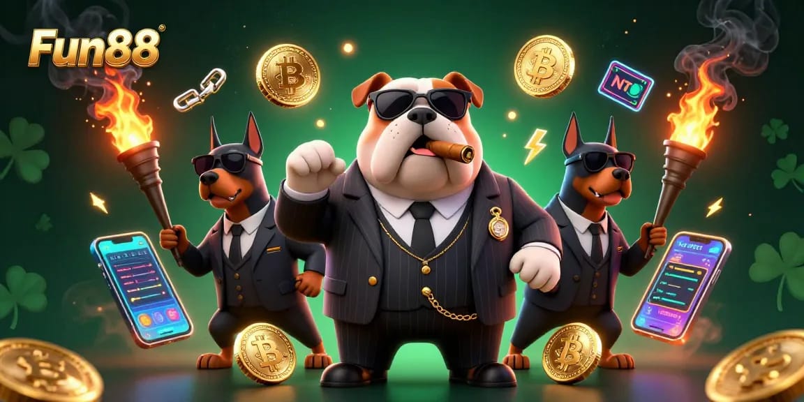 Experience thrilling gameplay at Fun88 with a dynamic illustration featuring a mafia boss and secure crypto elements.