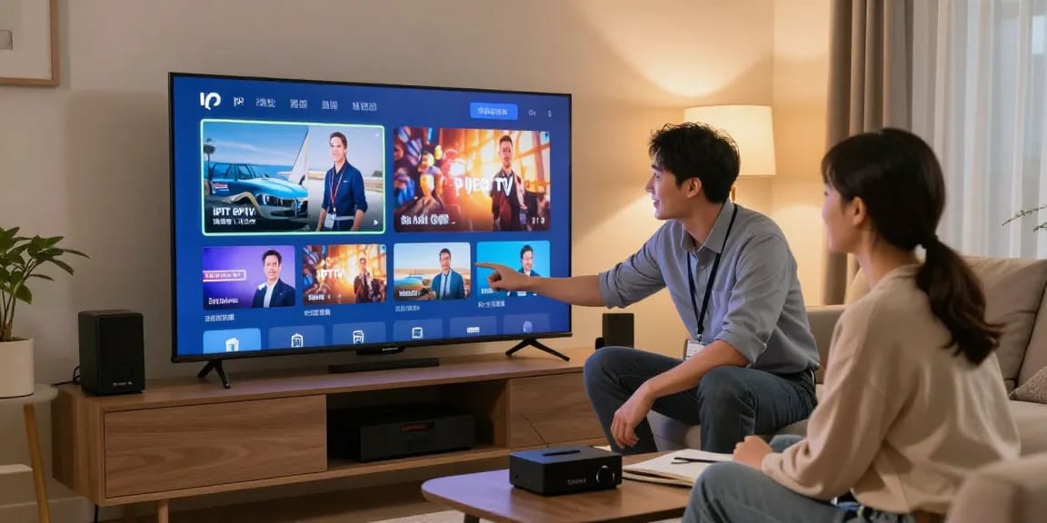 IPTV service technician assisting customer in a typical local home, showcasing trusted community service.