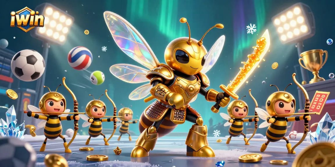 Experience thrilling iwin casino action with a golden hornet samurai surrounded by dynamic sports elements.