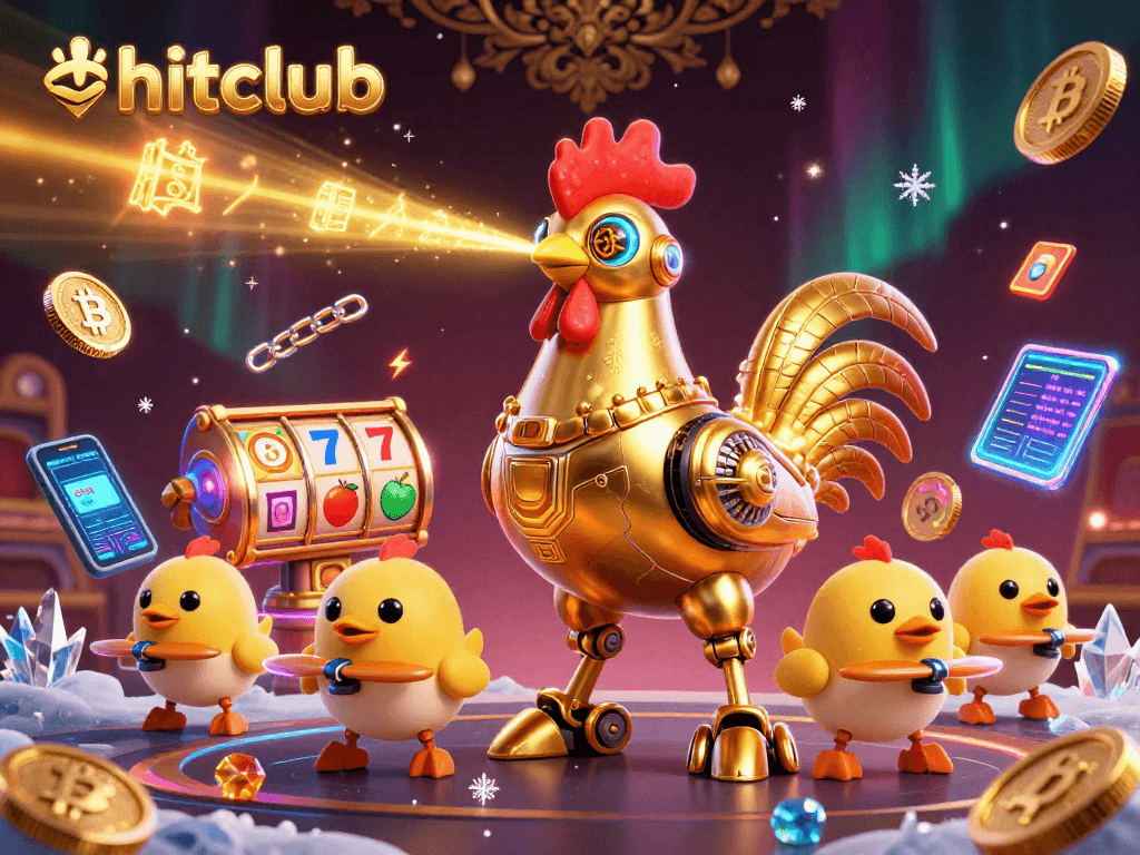 Experience hitclub’s vibrant casino atmosphere with a golden rooster robot and crypto elements