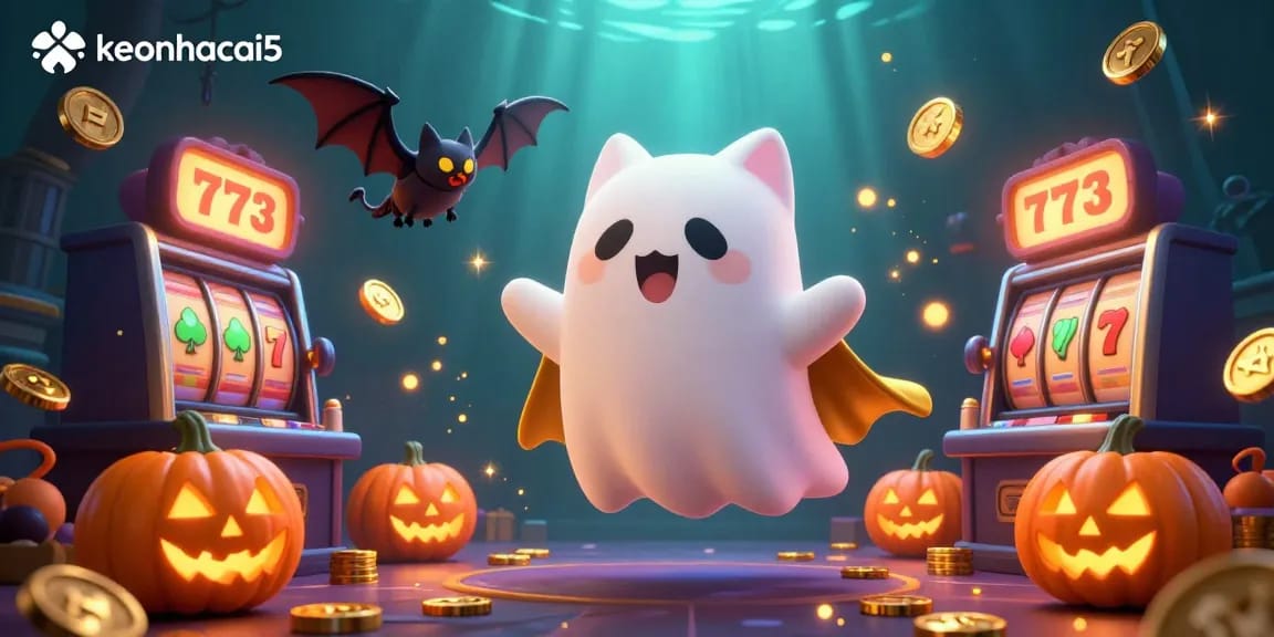 Experience the magic of keonhacai5 with a haunted casino where a ghost cat meets glowing jack-o-lanterns.