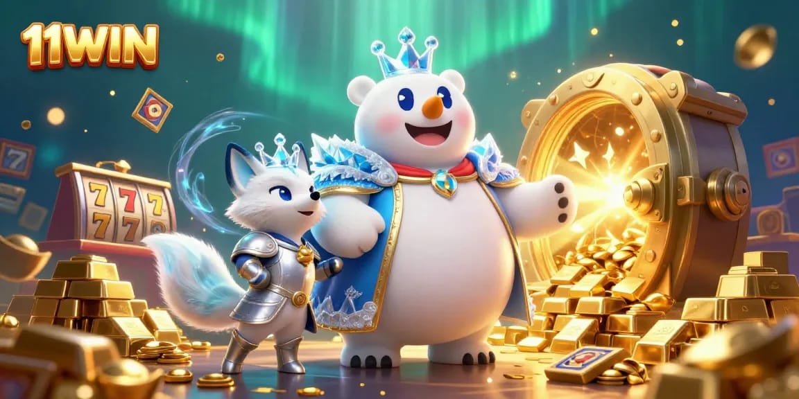 11WIN showcases a vibrant casino adventure featuring cartoon ice king and fox amidst gold and slots.
