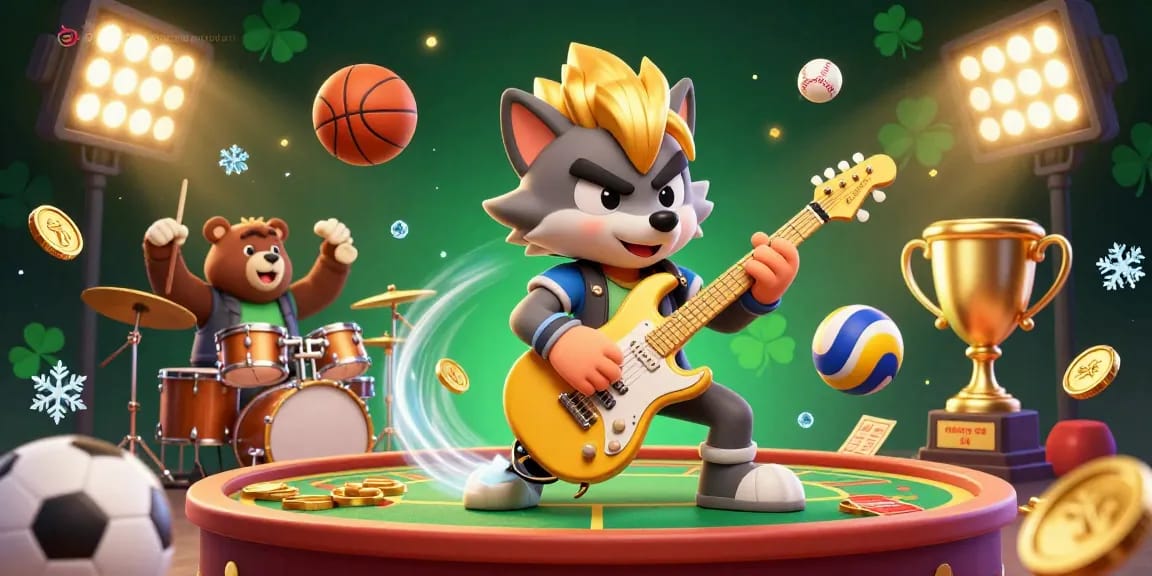 Experience the thrill of game bài đổi thưởng with a 3D rock star wolf and vibrant casino elements.