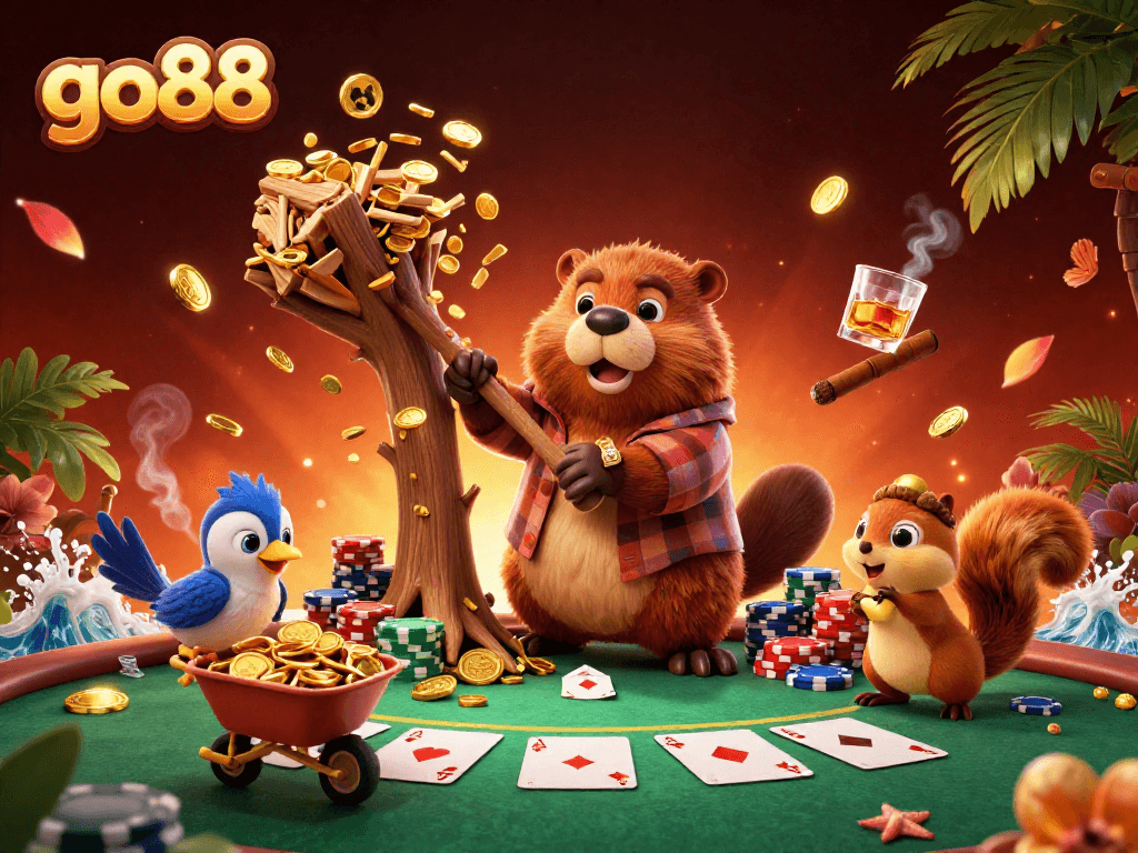 Experience the excitement of go88 as the cartoon beaver collects golden coins at a dynamic poker scene.