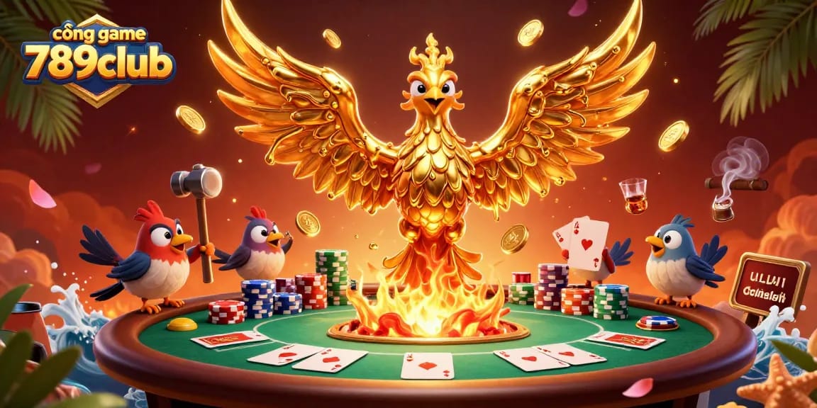 Engage with cổng game 789club in this vibrant 3D illustration showing a molten golden phoenix and poker elements.