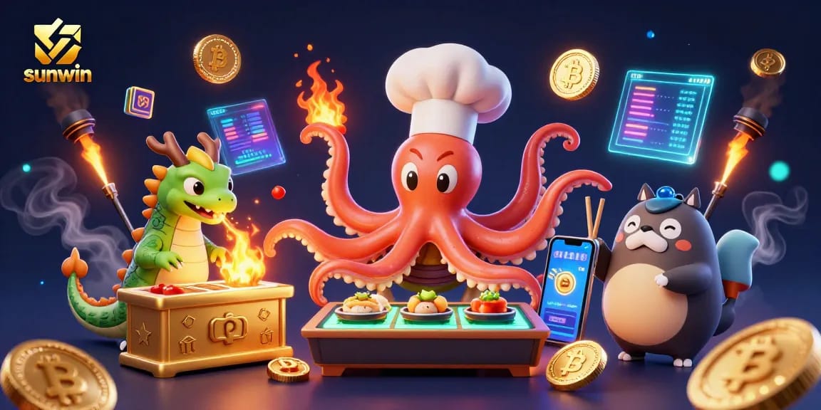 Experience the excitement of sunwin as a sushi chef octopus serves golden slot dishes amidst vibrant crypto elements.
