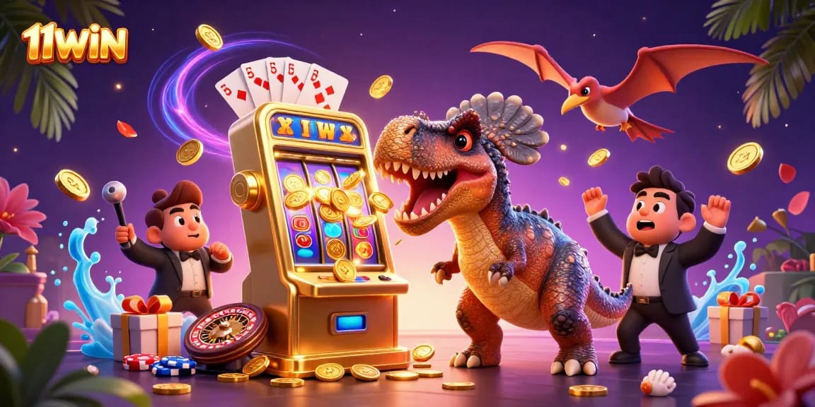 Experience jackpots as 11WIN brings exciting wins with playful dinosaurs in a vibrant casino scene.