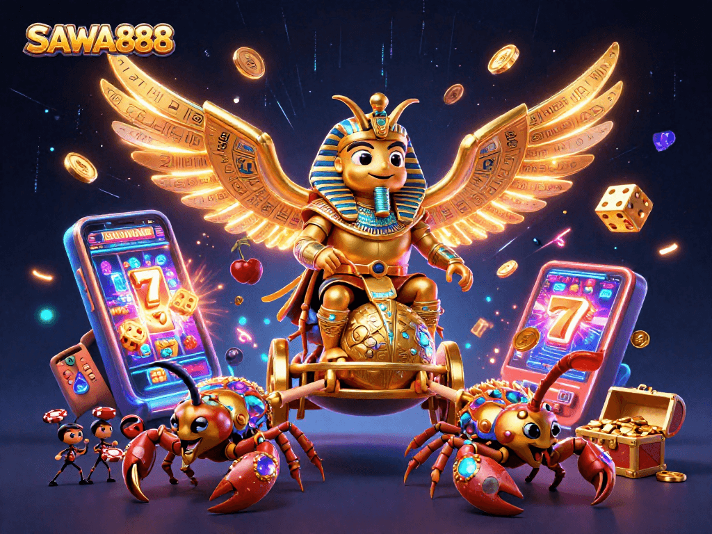 Engage with SAWA888's vibrant casino adventures featuring a colossal scarab and jackpot elements.