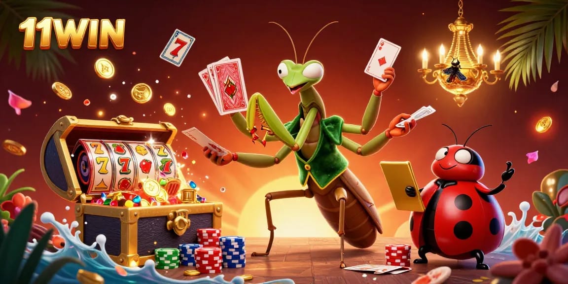 Experience the thrill of 11WIN with a vibrant cartoon casino scene full of excitement.