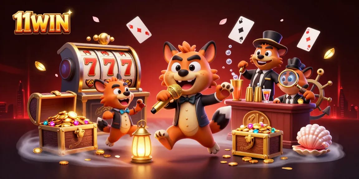 Experience the vibrant excitement of 11WIN with lively hyenas in a casino scene depicting joyful entertainment.