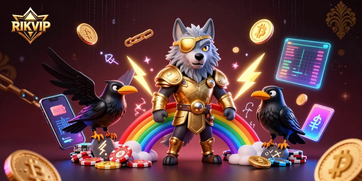 Engage in thrilling gameplay at RIKVIP with a vibrant casino-themed illustration featuring mythical Norse characters.
