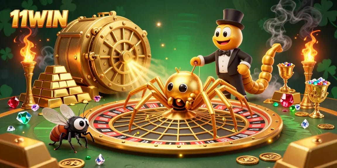 Experience the thrill at 11WIN with a vibrant casino scene featuring a spider, fly, and a centipede croupier.