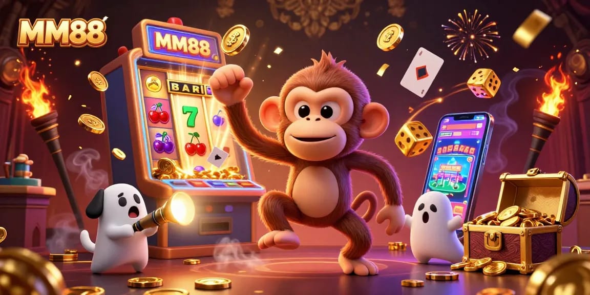 Engage in thrilling gameplay at MM88 with lively characters in a dynamic casino scene.