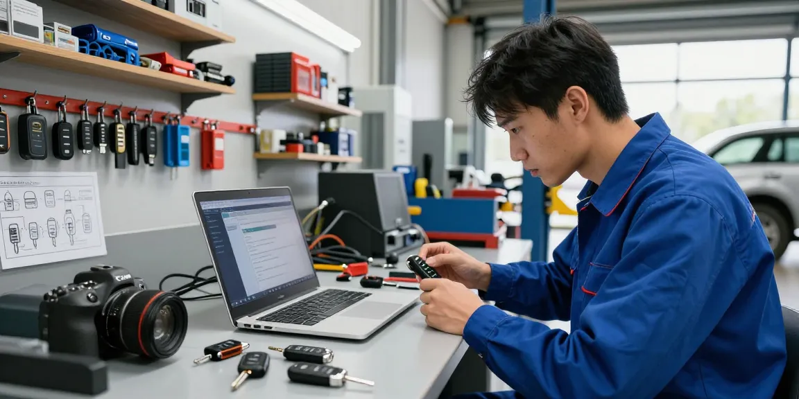 Car Key Replacement Raleigh technician programming key fob in modern automotive workshop.
