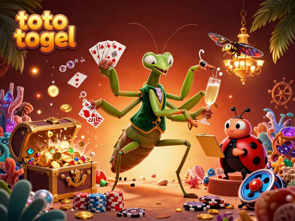 Experience the thrilling world of toto togel with an action-packed 3D illustration featuring a gambling mantis and ladybug.