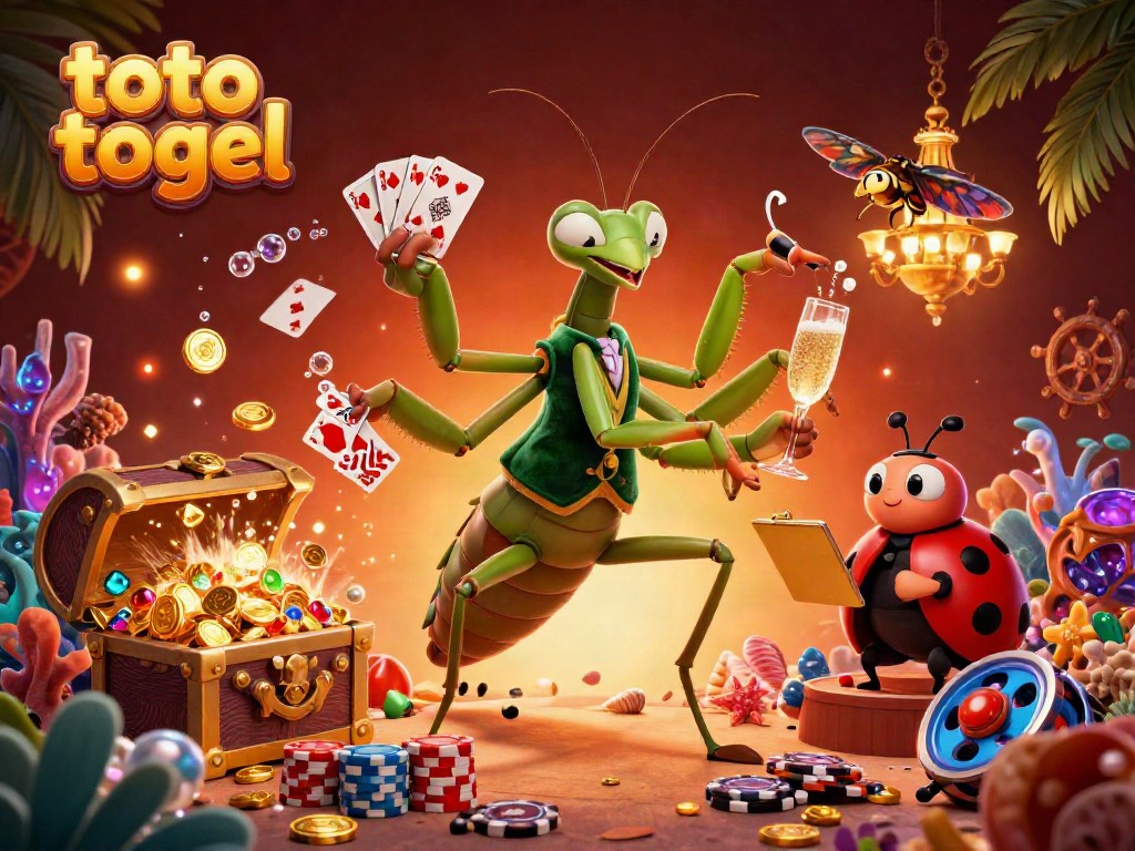 Experience the thrilling world of toto togel with an action-packed 3D illustration featuring a gambling mantis and ladybug.