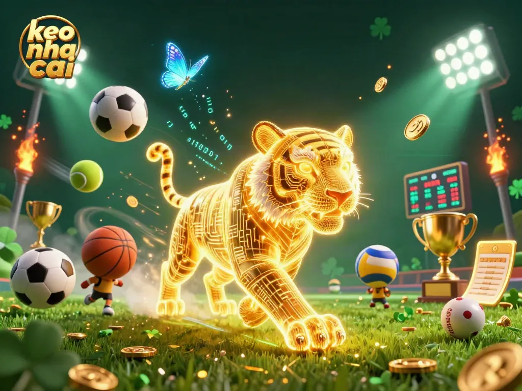 The keo nha cai illustration showcases a vibrant sports betting scene with neon tiger and dynamic sports elements.