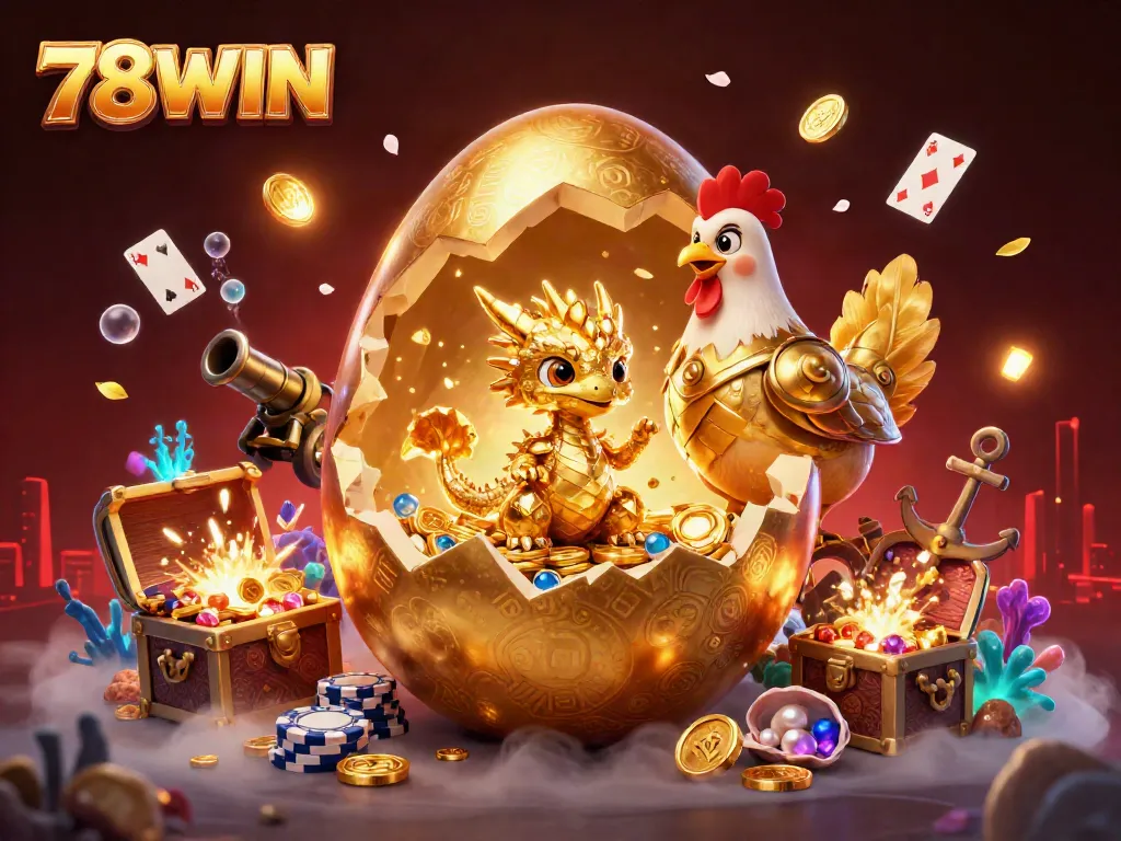 Experience the thrill of winning with 78WIN's dynamic casino games and gold treasures in this vivid 3D illustration.