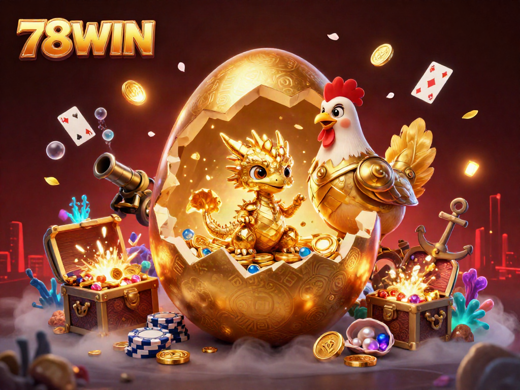 Experience the thrill of winning with 78WIN's dynamic casino games and gold treasures in this vivid 3D illustration.