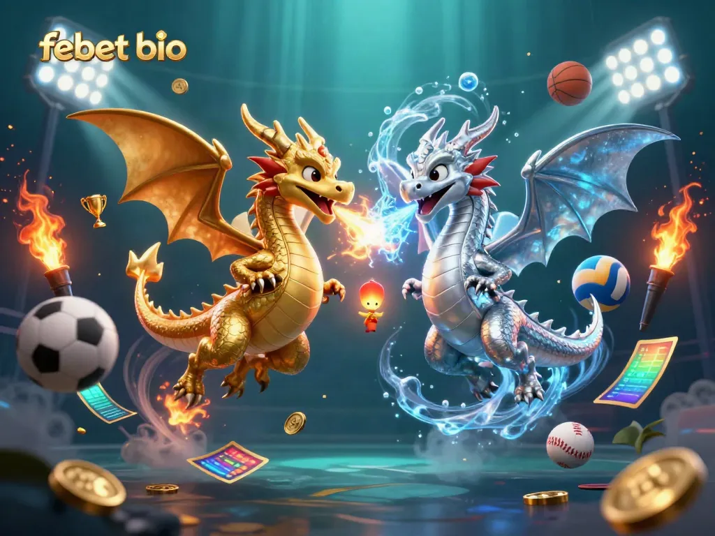 Engage with the febet bio as twin cartoon dragons battle in a dynamic casino scene filled with sports elements.