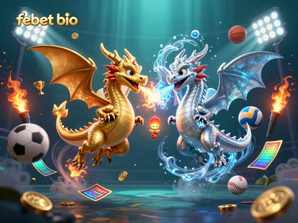 Engage with the febet bio as twin cartoon dragons battle in a dynamic casino scene filled with sports elements.