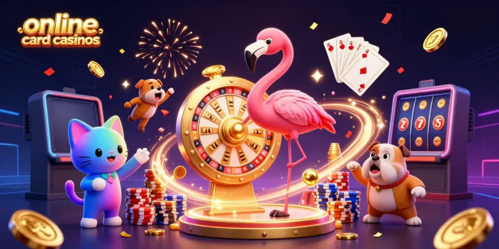 Experience excitement at online credit card casinos with a vibrant gaming scene featuring a game show host, bulldog contestant, and sparkling prizes.