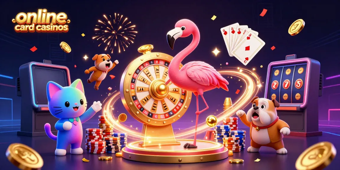 Experience excitement at online credit card casinos with a vibrant gaming scene featuring a game show host, bulldog contestant, and sparkling prizes.